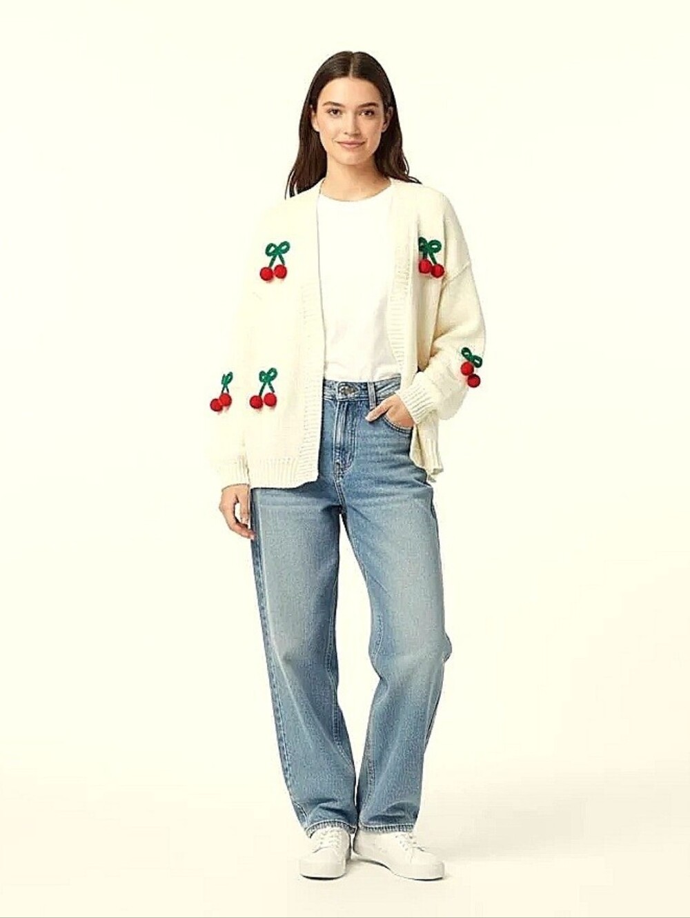 NEW w/tag Luna Ivy Anthropologie 3D Cherry Pom Pom Cardigan Sweater Sz Lg NWT